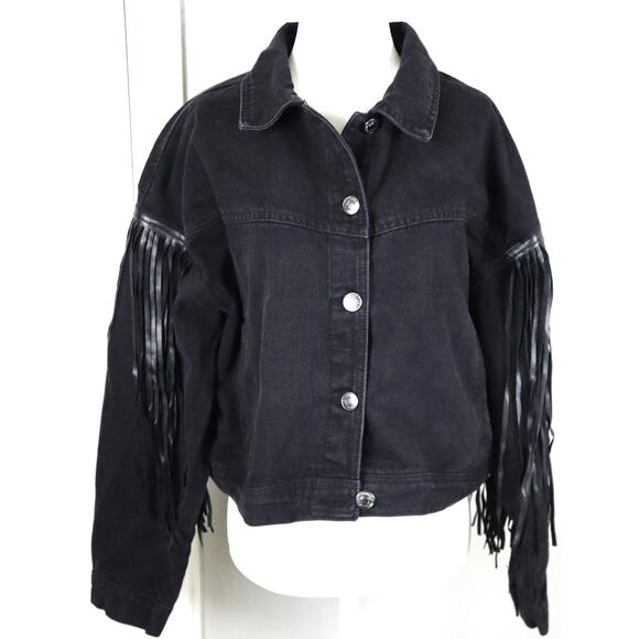 Black Denim Jacket Faux Leather Fringe Western Boho Oversized OX XL Short COTTON - Picture 2 of 10